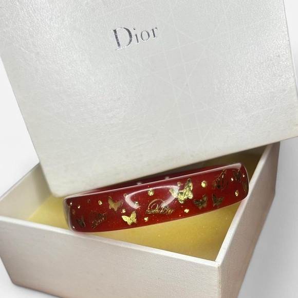 Dior Vintage Red Lucite Butterfly Logo Bangle Bracelet w/ Box - Picture 1 of 7
